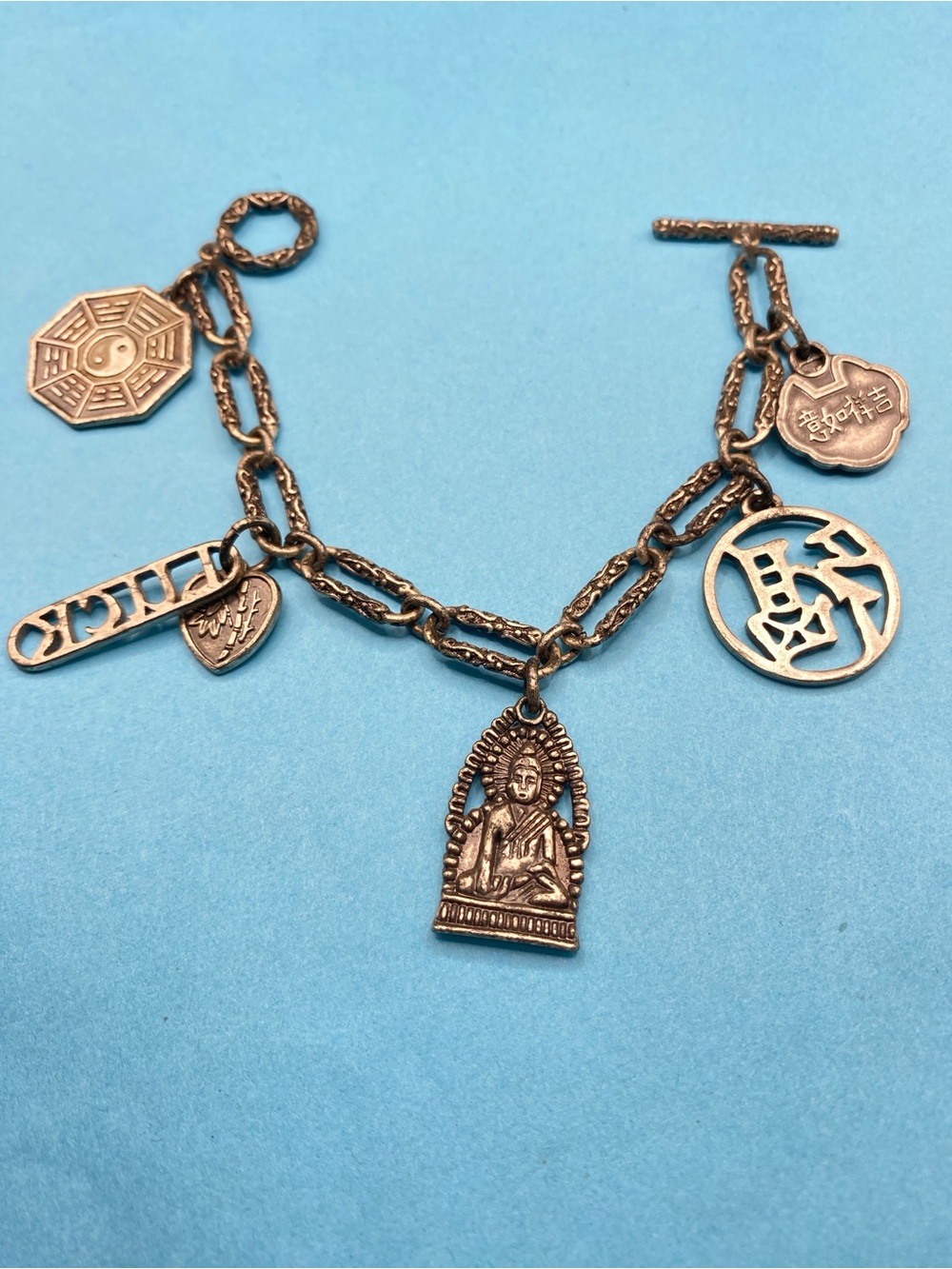 Buddha Oriental Silver Tone Good Luck Charn Bracelet Toggle Clasp